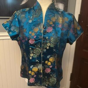 Lian Lin Chinese Satin Floral Teal Top Size 44